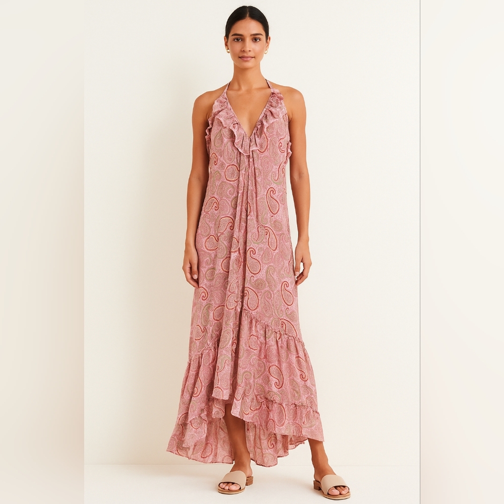 Ruffled V-Neck Pink Paisley Maxi Dress